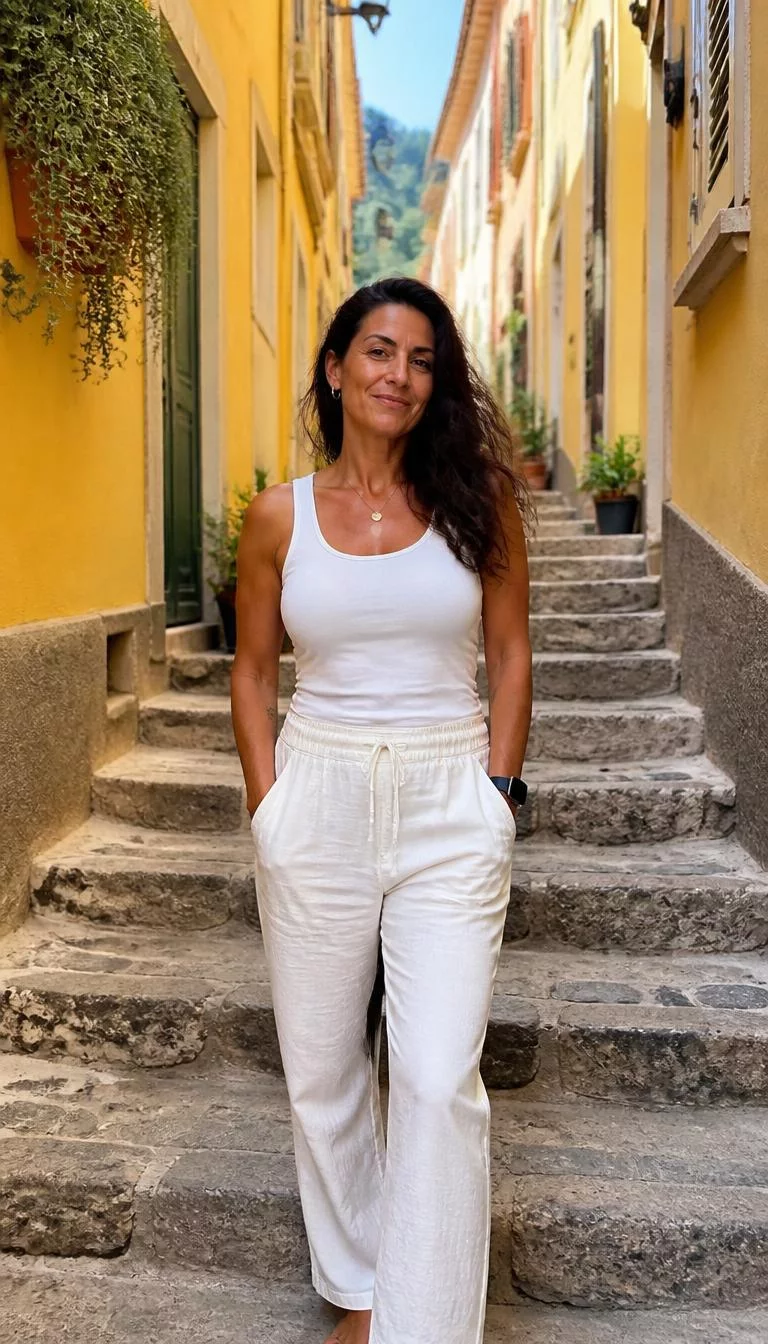 White Tank Top And Cream Coastal Trousers A photorealistic full body shot of a 45-year-old Southern European woman with a heart-shaped face, dark brown, broad nose, thick natural eyebrows, and heart-shaped lips. Her face features small scar on the eyebrow, subtle acne marks, and subtle natural facial asymmetry. She has almond-shaped brown eyes, soft cheekbones, closed-mouth smile, confident. She is athletic build with dark wavy long hair and is wearing a white tank top and cream linen trousers, charming coastal staircase lined with yellow buildings, no people in the background, high-quality mobile photography, shot on an iPhone 14.