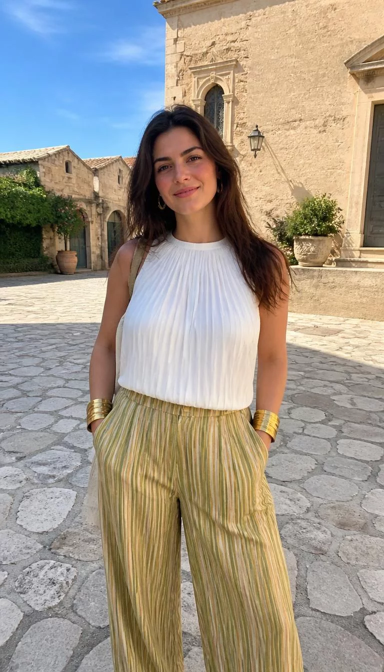 Pleated Sleeveless Top And Striped High Contrast Trousers A photorealistic full body shot of a 25-year-old Mediterranean woman with a diamond face, fair, upturned nose, softly curved eyebrows, and heart-shaped lips. Her face features uneven eyebrows, slightly flushed cheeks, and subtle natural facial asymmetry. She has hooded green eyes, pronounced cheekbones, subtle smile, cheerful. She is curvy build with brown long hair and is wearing a white pleated sleeveless top, striped yellow-and-green trousers, and large gold cuff bracelets, sunny historic village square, no people in the background, high-quality mobile photography, shot on an iPhone 14.