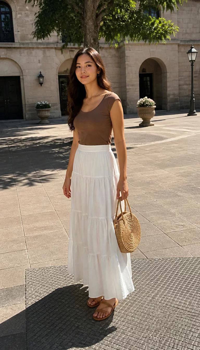 Brown Cap Sleeve Top And Tiered White Maxi Skirt A photorealistic full body shot of a 28-year-old East Asian woman with a diamond face, golden brown, rounded nose, feathered eyebrows, and heart-shaped lips. Her face features dimples, visible pores, and subtle natural facial asymmetry. She has upturned amber eyes, soft cheekbones, subtle smile, thoughtful. She is athletic build with brown wavy hair and is wearing a simple brown cap-sleeve top, a long tiered white maxi skirt, and flat tan sandals, she carries a round woven straw bag, outdoors in a sunlit plaza, no people in the background, high-quality mobile photography, shot on an iPhone 14.