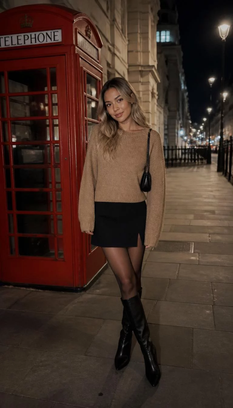 Tan Sweater And Black Mini Skirt A photorealistic full body shot of a 34-year-old Mixed-race woman with a heart-shaped face, dark brown, straight nose, softly curved eyebrows, and heart-shaped lips. Her face features slightly crooked smile, faint under-eye shadows, and subtle natural facial asymmetry. She has downturned gray eyes, soft cheekbones, neutral expression, playful. She is slim with blonde wavy hair and is wearing a tan sweater, black skirt, and boots, pose at night in London, no people in the background, high-quality mobile photography, shot on an iPhone 14.