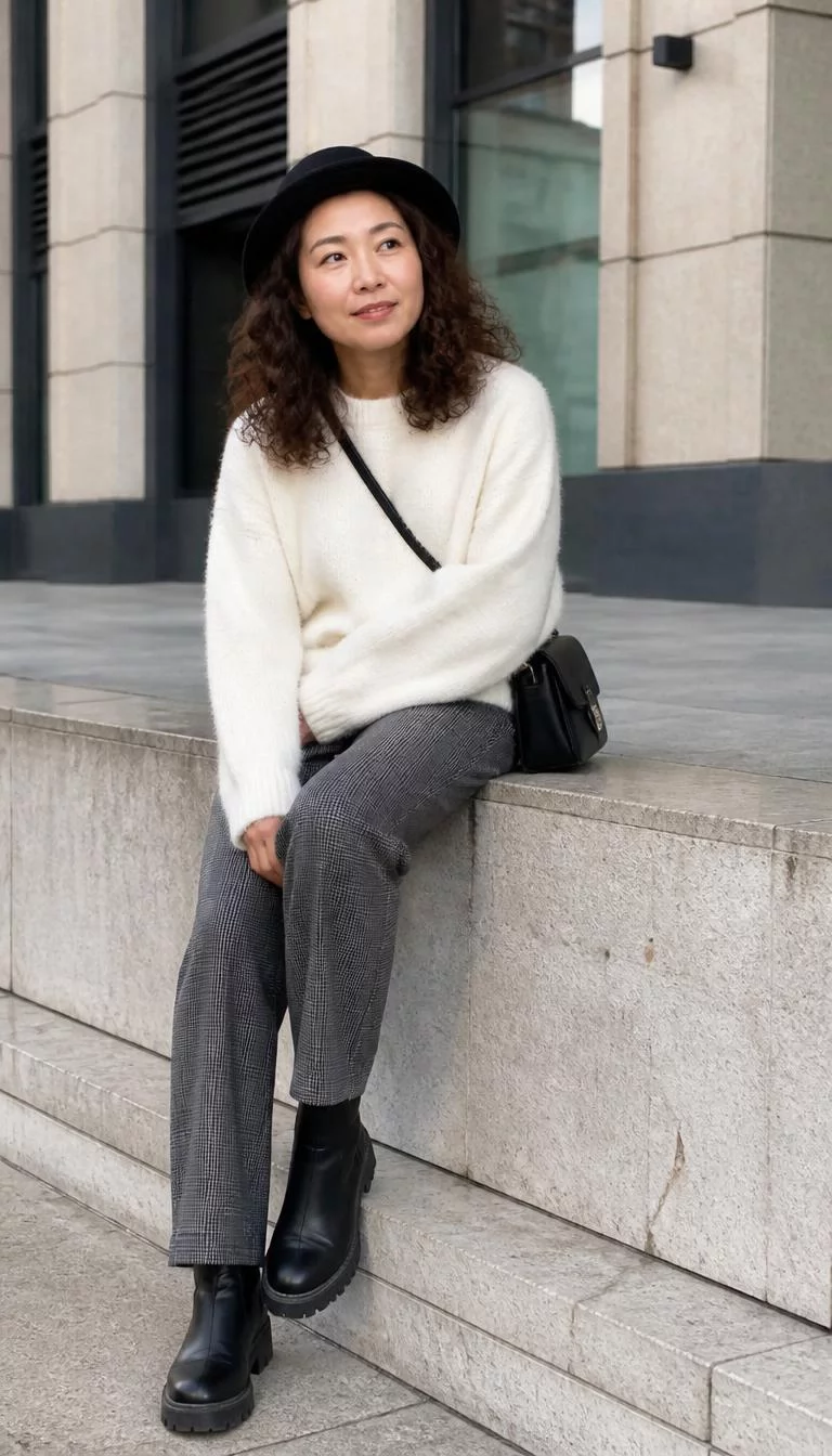 Black Hat And Patterned Trousers A photorealistic full body shot of a 39-year-old East Asian woman with a pear-shaped face, fair, straight nose, softly curved eyebrows, and full lips. Her face features slightly crooked smile, faint under-eye shadows, and subtle natural facial asymmetry. She has upturned brown eyes, pronounced cheekbones, closed-mouth smile, thoughtful. She is average build with curly brown hair and is wearing a black hat, white sweater, grey patterned trousers, black boots, and a crossbody bag while sitting on a ledge in a city setting, no people in the background, high-quality mobile photography, shot on an iPhone 14.