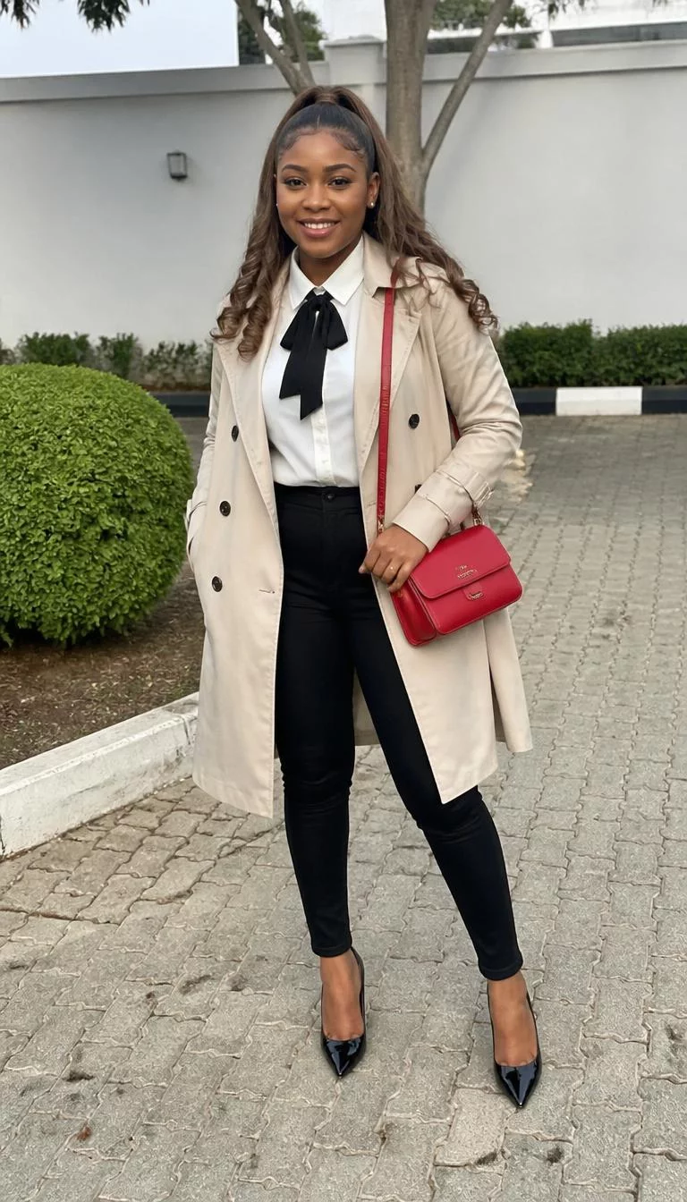 White Collared Blouse And Classic Trench Coat A photorealistic full body shot of a 30-year-old Black African woman with a square face, golden brown, rounded nose, thin arched eyebrows, and full lips. Her face features beauty mark near the lip, faint under-eye shadows, and subtle natural facial asymmetry. She has deep-set hazel eyes, pronounced cheekbones, broad smile, playful. She is athletic build with light-brown soft half-up hair and is wearing a white collared blouse, black bow, black leggings, and a trench coat, holding a red crossbody bag, outdoors, no people in the background, high-quality mobile photography, shot on an iPhone 14.