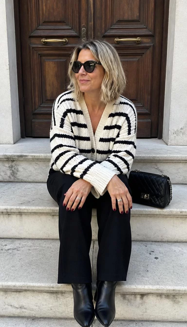 Striped Cardigan And Black Trousers A photorealistic full body shot of a 47-year-old Mediterranean woman with a pear-shaped face, olive, button nose, thick natural eyebrows, and full lips. Her face features uneven eyebrows, visible pores, and subtle natural facial asymmetry. She has deep-set gray eyes, rounded cheeks, subtle smile, playful. She is curvy build with blonde center-parted layered bob hair and is wearing sunglasses, a striped cardigan, and black trousers, sits on steps before a wooden door with a black quilted bag, no people in the background, high-quality mobile photography, shot on an iPhone 14.