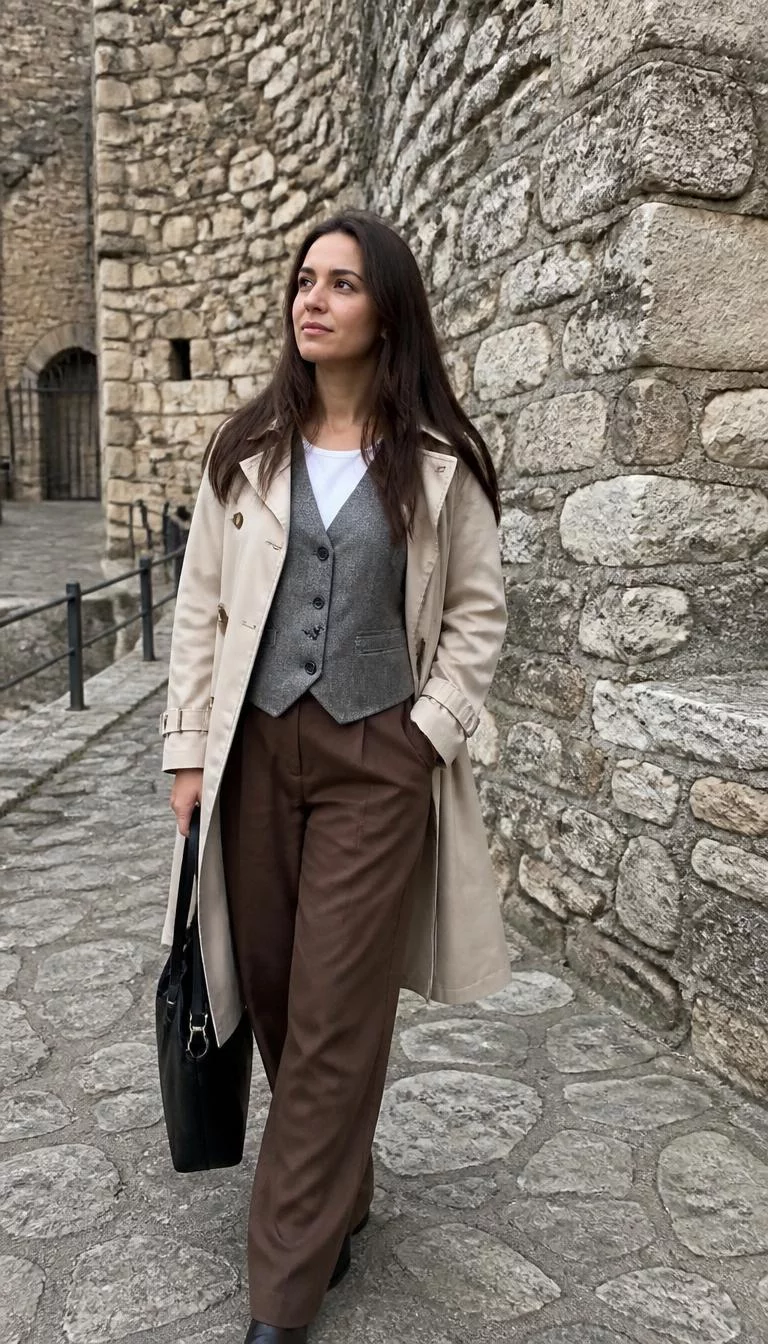Beige Trench Coat With Grey Vest And Brown Trousers A photorealistic full body shot of a 36-year-old Southern European woman with a round face, golden brown, button nose, softly curved eyebrows, and full lips. Her face features small scar on the eyebrow, subtle acne marks, and subtle natural facial asymmetry. She has downturned green eyes, soft cheekbones, closed-mouth smile, thoughtful. She is average build with long straight dark brown hair and is wearing a beige trench coat, grey vest, white top, and brown trousers, she carries a black bag, rustic stone-walled setting, no people in the background, high-quality mobile photography, shot on an iPhone 14.