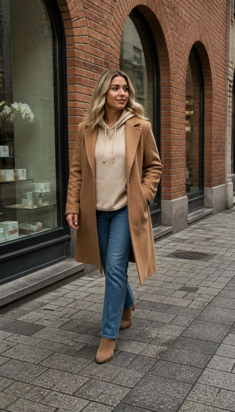 Beige Hoodie And Tan Coat Combo A photorealistic full body shot of a 30-year-old Mediterranean woman with a pear-shaped face, fair, button nose, softly curved eyebrows, and wide lips. Her face features slightly crooked smile, subtle acne marks, and subtle natural facial asymmetry. She has almond-shaped brown eyes, soft cheekbones, neutral expression, cheerful. She is average build with blonde wavy shoulder-length hair and is wearing a beige hoodie, tan coat, jeans, and ankle boots, walking along a brick-arch storefront during a city outing, no people in the background, high-quality mobile photography, shot on an iPhone 14.