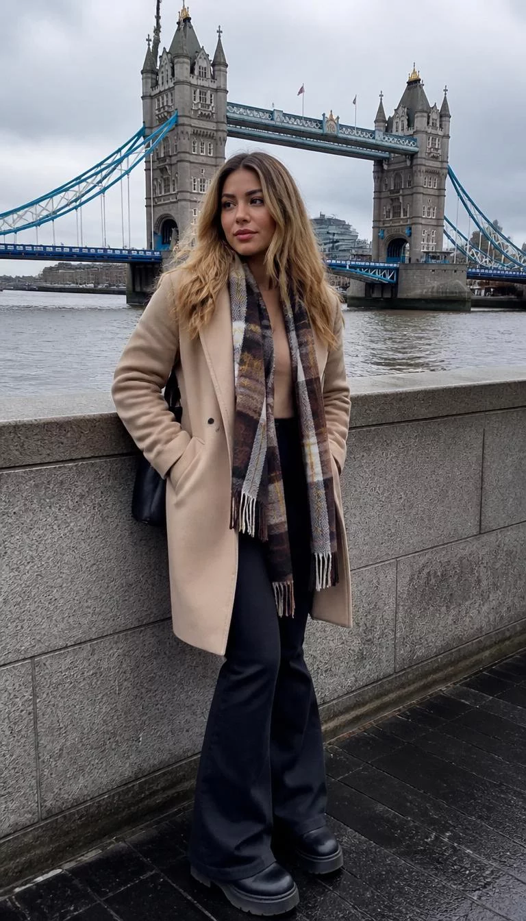 Beige Coat And Flared Trousers At Tower Bridge A photorealistic full body shot of a 30-year-old Mediterranean woman with a diamond face, deep brown, upturned nose, thick natural eyebrows, and wide lips. Her face features faint freckles across the nose, faint under-eye shadows, and subtle natural facial asymmetry. She has hooded blue eyes, soft cheekbones, subtle smile, thoughtful. She is curvy build with blonde wavy hair and is wearing a beige coat, a plaid scarf, dark flared trousers, and chunky black platform boots, stands before Tower Bridge in London, no people in the background, high-quality mobile photography, shot on an iPhone 14.