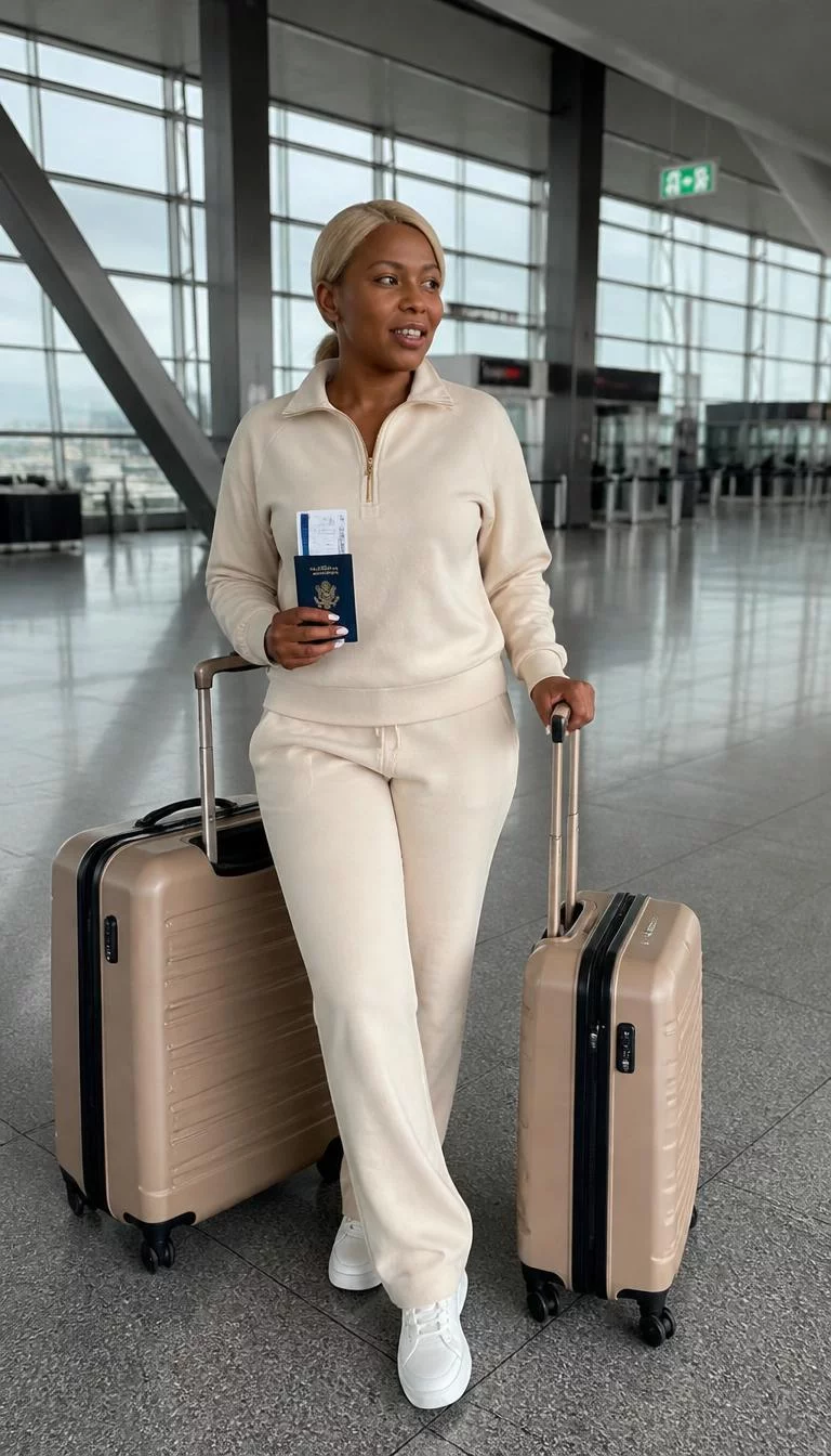 Cream Quarter Zip Set And White Sneakers A photorealistic full body shot of a 44-year-old Black African woman with a oval face, dark brown, narrow nose, straight eyebrows, and wide lips. Her face features gap between front teeth, slightly flushed cheeks, and subtle natural facial asymmetry. She has downturned gray eyes, soft cheekbones, subtle smile, thoughtful. She is slim with blonde hair in a sleek low ponytail and is wearing a cream quarter-zip set and white sneakers at an airport terminal, holding her blue passport while accompanied by two tan suitcases, no people in the background, high-quality mobile photography, shot on an iPhone 14.