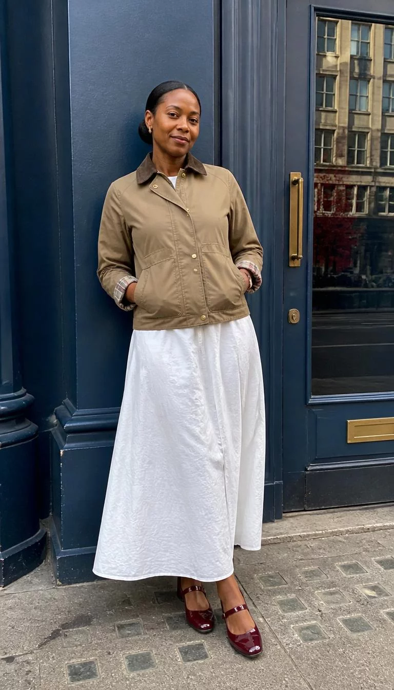 Khaki Jacket And White Maxi Skirt A photorealistic full body shot of a 45-year-old Black African woman with a round face, dark brown, narrow nose, softly curved eyebrows, and thin lips. Her face features slightly crooked smile, a few laugh lines, and subtle natural facial asymmetry. She has downturned hazel eyes, rounded cheeks, subtle smile, cheerful. She is athletic build with dark hair in a sleek low bun and is wearing a khaki jacket, white maxi skirt, and burgundy Mary Janes, posing against a blue building entrance in the city, no people in the background, high-quality mobile photography, shot on an iPhone 14.