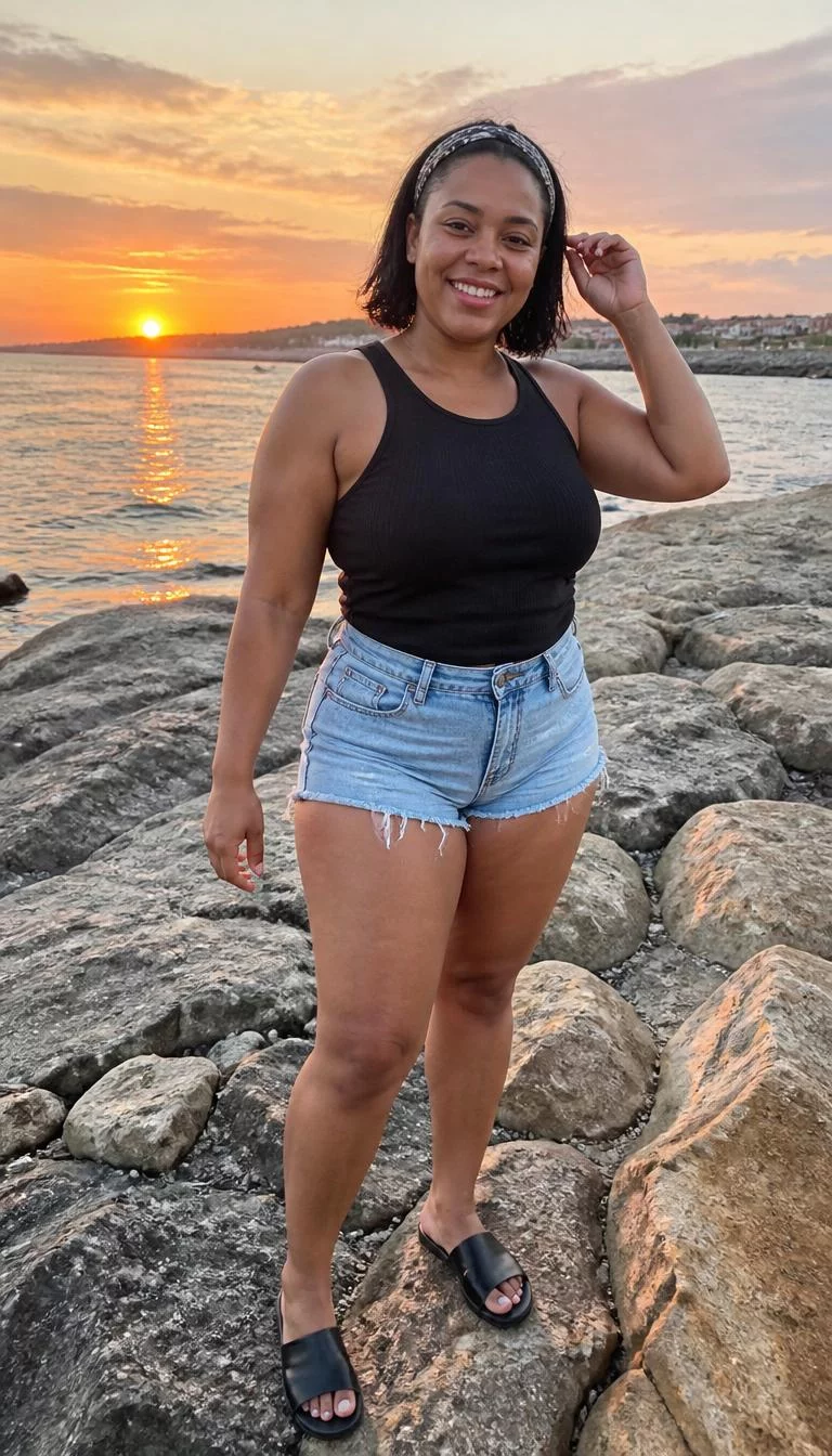 Black Crop Top and Flared Trousers A photorealistic full body shot of a 33-year-old Mixed-race woman with a round face, deep brown, broad nose, straight eyebrows, and thin lips. Her face features gap between front teeth, visible pores, and subtle natural facial asymmetry. She has downturned hazel eyes, high cheekbones, broad smile, confident. She is athletic build with dark bobbed hair and a headband hair and is wearing a black tank top and frayed light-wash denim shorts, a scenic, rocky beach shore at sunset, everyday social media post aesthetic, high-quality mobile photography, shot on an iPhone 14.