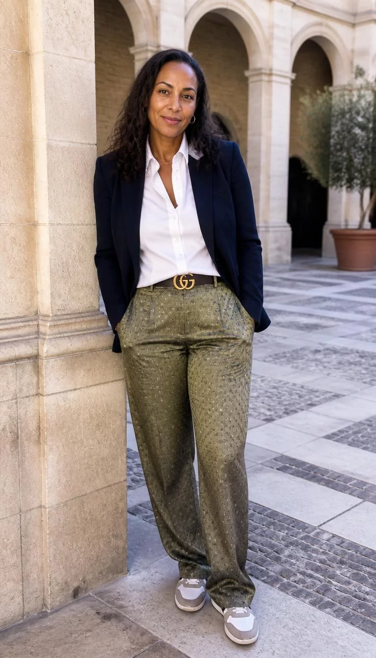 Silver Tie Front Halter Top and Beige Cargo Pants A photorealistic full body shot of a 49-year-old Afro-Caribbean woman with a oblong face, golden brown, aquiline nose, thin arched eyebrows, and heart-shaped lips. Her face features small scar on the eyebrow, subtle acne marks, and subtle natural facial asymmetry. She has upturned hazel eyes, high cheekbones, subtle smile, relaxed. She is curvy build with dark, wavy hair hair and is wearing a navy blazer over a white shirt and patterned olive silk trousers with a Gucci belt and casual sneakers, an architectural courtyard, everyday social media post aesthetic, high-quality mobile photography, shot on an iPhone 14.