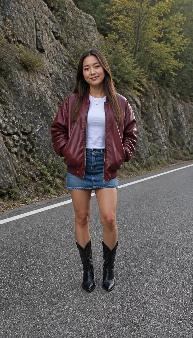 A photorealistic full body shot of a 23-year-old East Asian woman with a round face, light, rounded nose, straight eyebrows, and full lips. Her face features dimples, a few laugh lines, and subtle natural facial asymmetry. She has monolid brown eyes, soft cheekbones, closed-mouth smile, confident. She is average build with brown long hair hair and is wearing a dark red leather bomber jacket, a white tee, a denim mini-skirt, and black western boots, outside, no people in the background, high-quality mobile photography, shot on an iPhone 14.