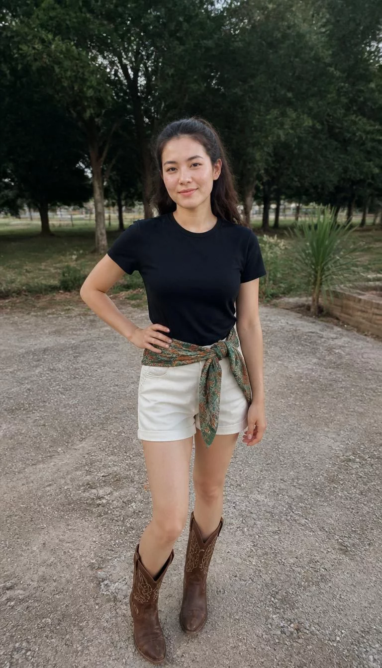 A photorealistic full body shot of a 30-year-old East Asian woman with a square face, fair, upturned nose, thick natural eyebrows, and thin lips. Her face features uneven eyebrows, subtle acne marks, and subtle natural facial asymmetry. She has almond-shaped green eyes, pronounced cheekbones, subtle smile, cheerful. She is average build with dark brown hair hair and is wearing a black t-shirt, white shorts, a patterned waist wrap, and brown cowboy boots, outside, no people in the background, high-quality mobile photography, shot on an iPhone 14.