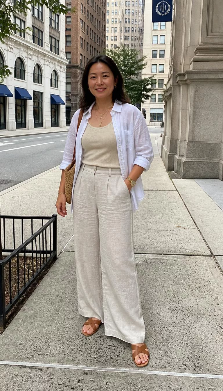 A photorealistic full body shot of a 38-year-old East Asian woman with a oval face, fair, rounded nose, thick natural eyebrows, and wide lips. Her face features uneven eyebrows, subtle acne marks, and subtle natural facial asymmetry. She has hooded brown eyes, soft cheekbones, subtle smile, playful. She is slim with brunette hair color not applicable hair and is wearing a linen shirt, tank top, wide-leg trousers, straw bag, sandals, and gold accessories, against a city backdrop, no people in the background, high-quality mobile photography, shot on an iPhone 14.