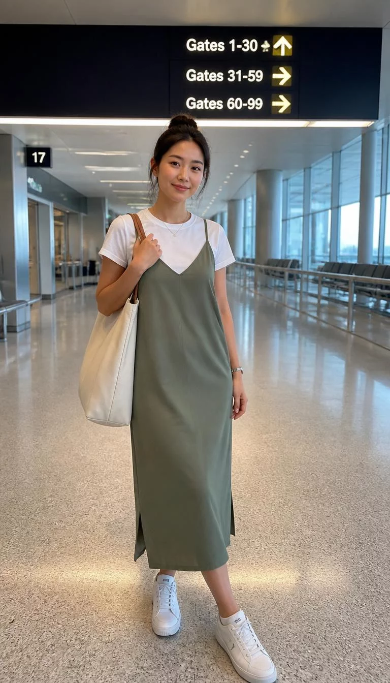 A photorealistic full body shot of a 29-year-old East Asian woman with a diamond face, tan, upturned nose, thick natural eyebrows, and heart-shaped lips. Her face features slightly crooked smile, faint under-eye shadows, and subtle natural facial asymmetry. She has round green eyes, pronounced cheekbones, neutral expression, cheerful. She is athletic build with brunette hair in a messy bun hair and is wearing a white t-shirt under an olive green slip dress, carrying a large tote and white sneakers, in a modern, brightly lit airport terminal, no people in the background, high-quality mobile photography, shot on an iPhone 14.