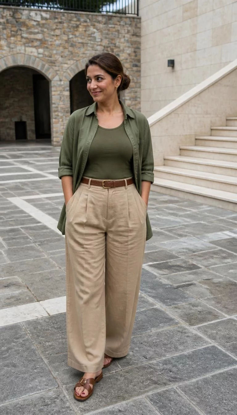 A photorealistic full body shot of a 45-year-old South Asian woman with a square face, fair, rounded nose, thick natural eyebrows, and wide lips. Her face features beauty mark near the lip, a few laugh lines, and subtle natural facial asymmetry. She has round dark brown eyes, soft cheekbones, closed-mouth smile, playful. She is average build with brunette hair in a chic low bun and is wearing a olive green shirt over a matching tank top, beige trousers, brown belt, and sandals, in a stone plaza, no people in the background, high-quality mobile photography, shot on an iPhone 14.