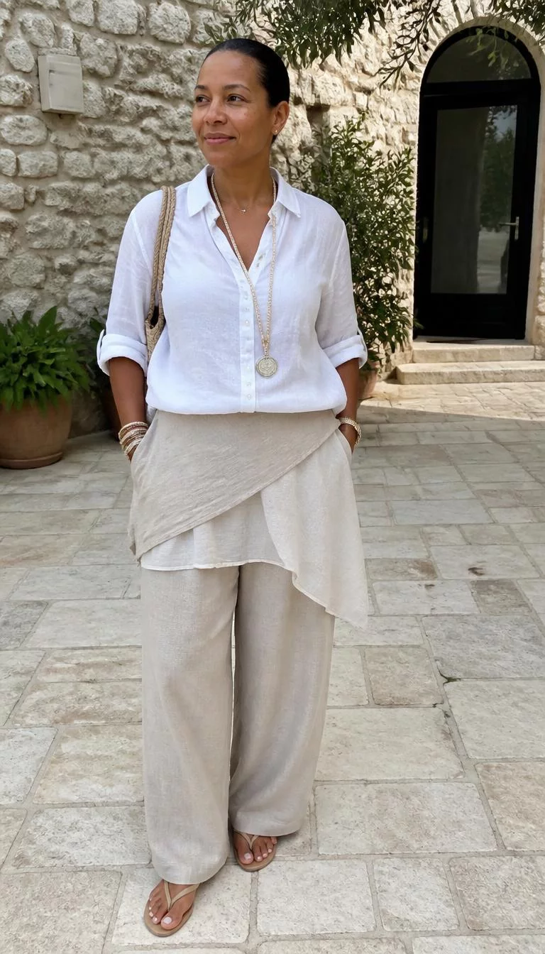 A photorealistic full body shot of a 38-year-old Afro-Caribbean woman with a diamond face, dark brown, upturned nose, thin arched eyebrows, and thin lips. Her face features uneven eyebrows, light freckles, and subtle natural facial asymmetry. She has hooded hazel eyes, high cheekbones, broad smile, thoughtful. She is average build with brunette hair color not applicable hair and is wearing a white shirt, linen trousers, layered skirt, and neutral accessories, on a stone patio, no people in the background, high-quality mobile photography, shot on an iPhone 14.