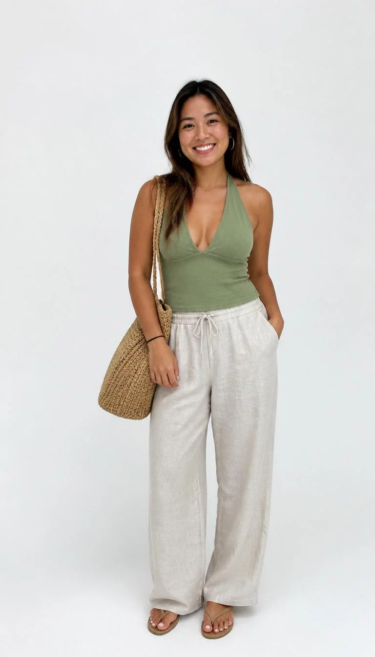 Sage Green Halter and Linen Trousers A photorealistic full body shot of a 27-year-old Southeast Asian woman with a pear-shaped face, golden brown, rounded nose, thick natural eyebrows, and full lips. Her face features small scar on the eyebrow, subtle acne marks, and subtle natural facial asymmetry. She has downturned hazel eyes, soft cheekbones, broad smile, cheerful. She is athletic build with hair hair and is wearing a sage green halter-top, beige drawstring linen trousers, a beige straw bag, gold hoops, and sandals on a plain white studio background, no people in the background, high-quality mobile photography, shot on an iPhone 14.