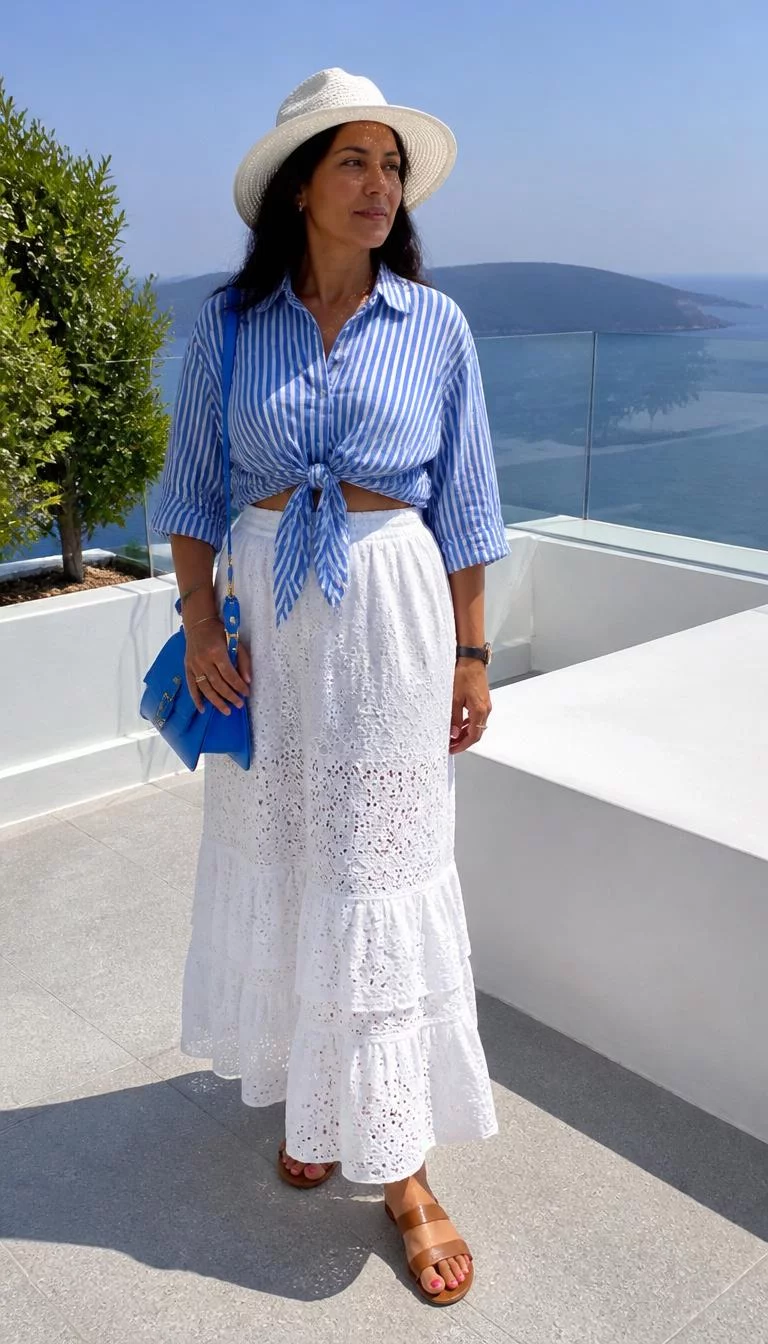 Blue Striped Shirt and Embroidered Lace Skirt A photorealistic full body shot of a 45-year-old South Asian woman with a pear-shaped face, olive, narrow nose, thin arched eyebrows, and full lips. Her face features dimples, visible pores, and subtle natural facial asymmetry. She has hooded dark brown eyes, high cheekbones, neutral expression, thoughtful. She is athletic build with dark hair hair and is wearing a blue striped shirt tied at the waist, a white embroidered lace maxi skirt, white hat, and a vibrant blue handbag on a terrace with ocean views, no people in the background, high-quality mobile photography, shot on an iPhone 14.