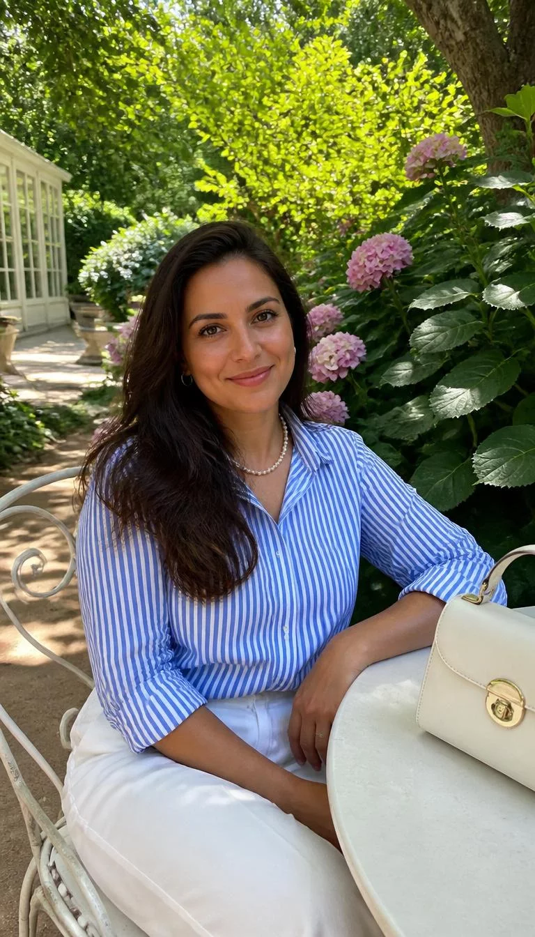 Blue and White Striped Shirt with White Trousers A photorealistic full body shot of a 33-year-old Southern European woman with a oblong face, light, rounded nose, thick natural eyebrows, and heart-shaped lips. Her face features dimples, faint under-eye shadows, and subtle natural facial asymmetry. She has almond-shaped amber eyes, pronounced cheekbones, closed-mouth smile, relaxed. She is average build with brunette wavy hair hair and is wearing a blue-and-white striped button-up shirt, white trousers, and a pearl necklace, sitting at a table with a white bag in a lush garden setting, no people in the background, high-quality mobile photography, shot on an iPhone 14.