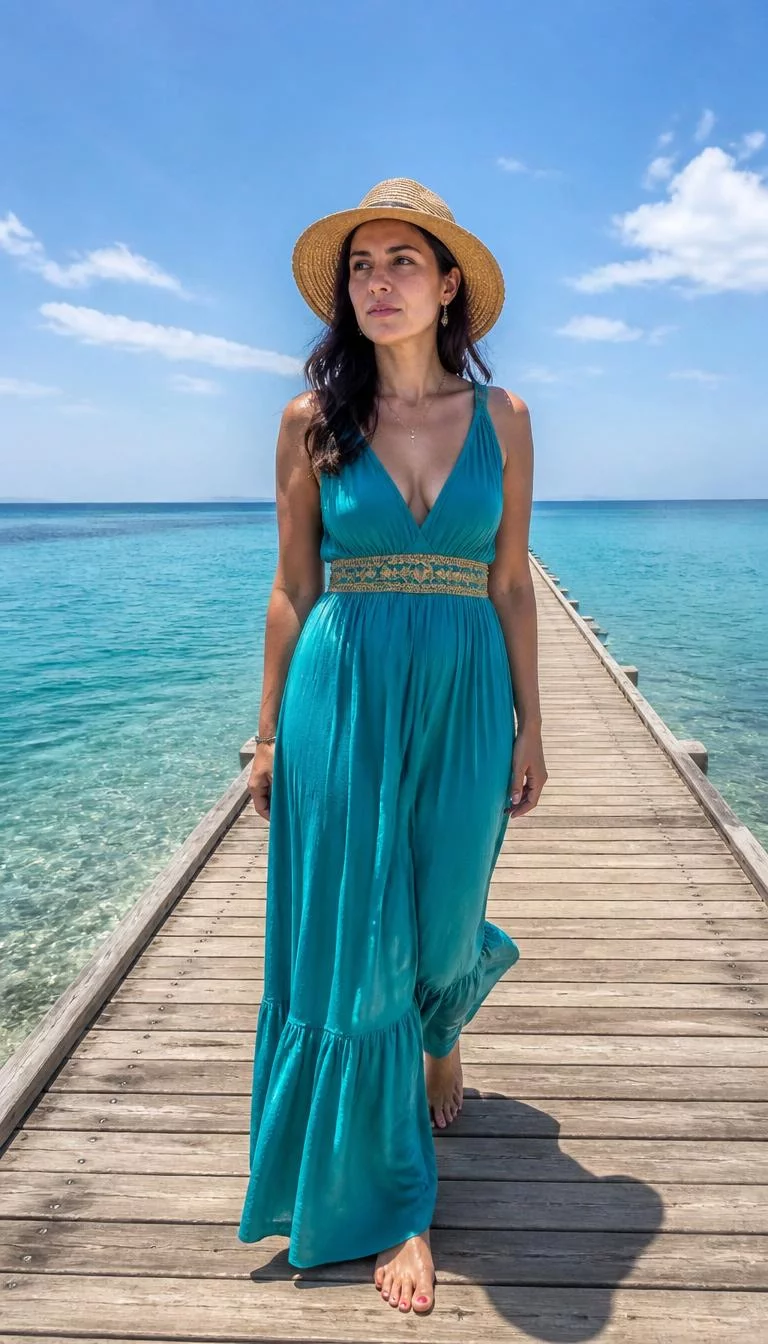 Turquoise Flowing Maxi Dress with Gold Detail A photorealistic full body shot of a 36-year-old Southern European woman with a square face, fair, narrow nose, softly curved eyebrows, and heart-shaped lips. Her face features faint freckles across the nose, subtle acne marks, and subtle natural facial asymmetry. She has downturned amber eyes, pronounced cheekbones, neutral expression, cheerful. She is average build with brunette hair hair and is wearing a long, flowing turquoise maxi dress with gold waist detailing and a sun hat, walking along a wooden pier in the middle of a clear blue sea, no people in the background, high-quality mobile photography, shot on an iPhone 14.