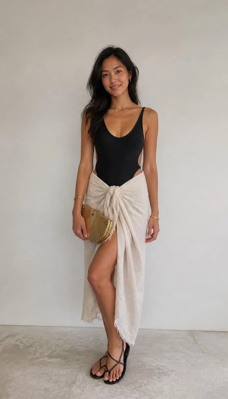 Black One-piece and Linen Sarong A photorealistic full body shot of a 24-year-old Southeast Asian woman with a square face, tan, broad nose, thin arched eyebrows, and full lips. Her face features faint freckles across the nose, visible pores, and subtle natural facial asymmetry. She has hooded hazel eyes, soft cheekbones, broad smile, relaxed. She is slim with hair hair and is wearing a black one-piece swimsuit, a beige linen sarong, gold bangles, a unique gold fan-shaped clutch, and black sandals on a simple neutral background, no people in the background, high-quality mobile photography, shot on an iPhone 14.