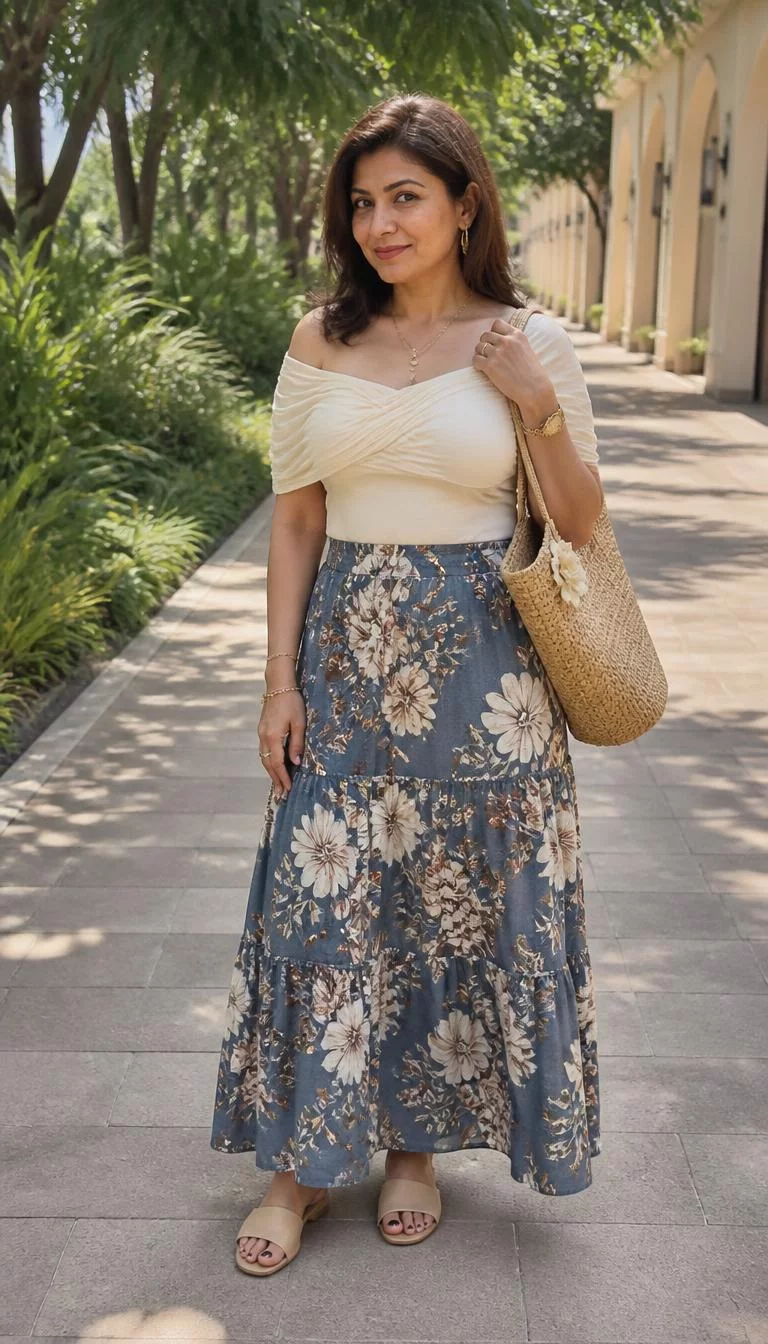 Off-shoulder Cream Top and Floral Maxi Skirt A photorealistic full body shot of a 43-year-old South Asian woman with a square face, fair, aquiline nose, thin arched eyebrows, and heart-shaped lips. Her face features faint freckles across the nose, visible pores, and subtle natural facial asymmetry. She has upturned blue eyes, pronounced cheekbones, closed-mouth smile, playful. She is average build with brunette hair hair and is wearing a draped off-shoulder cream top, a blue floral tiered maxi skirt, beige sandals, a woven straw bag with a flower, and gold accessories, no people in the background, high-quality mobile photography, shot on an iPhone 14.