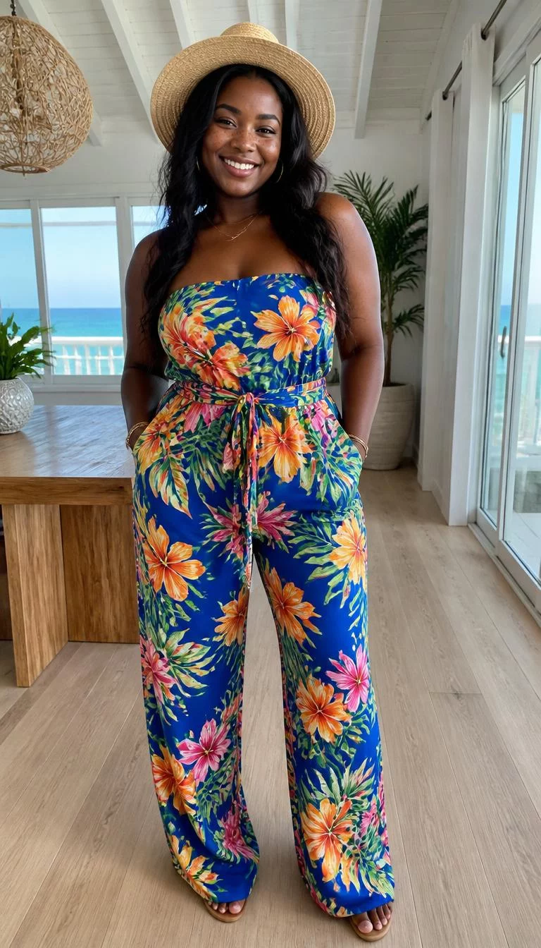 Tropical Floral Jumpsuit and Straw Hat A photorealistic full body shot of a 28-year-old Black African woman with a heart-shaped face, deep brown, rounded nose, feathered eyebrows, and full lips. Her face features dimples, light freckles, and subtle natural facial asymmetry. She has monolid blue eyes, high cheekbones, broad smile, relaxed. She is curvy build with dark wavy hair hair and is wearing a colorful tropical floral jumpsuit and a straw sun hat, in a bright coastal room, no people in the background, high-quality mobile photography, shot on an iPhone 14.