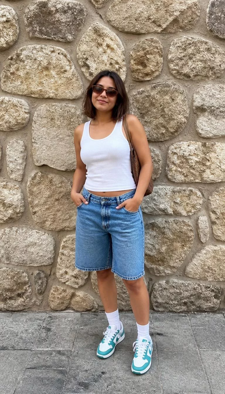 A photorealistic full body shot of a 24-year-old Latina woman with a round face, olive, narrow nose, thick natural eyebrows, and heart-shaped lips. Her face features slightly crooked smile, subtle acne marks, and subtle natural facial asymmetry. She has monolid gray eyes, soft cheekbones, closed-mouth smile, cheerful. She is average build with trendy brown shoulder-length bob hair and is wearing a white tank top, long denim shorts, white socks with teal sneakers, and sunglasses, against a stone wall, no people in the background, high-quality mobile photography, shot on an iPhone 14.
