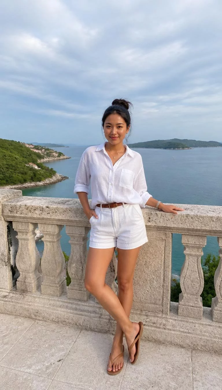 A photorealistic full body shot of a 23-year-old Southeast Asian woman with a oval face, deep brown, rounded nose, straight eyebrows, and full lips. Her face features uneven eyebrows, a few laugh lines, and subtle natural facial asymmetry. She has hooded brown eyes, rounded cheeks, closed-mouth smile, confident. She is slim with dark hair in a messy bun hair and is wearing a white collared linen shirt tucked into white shorts with a thin brown belt, posed on a scenic stone balcony, no people in the background, high-quality mobile photography, shot on an iPhone 14.