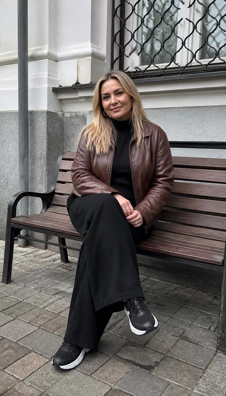 High Neck Top And Black Trousers A photorealistic full body shot of a 44-year-old Eastern European woman with a oblong face, golden brown, broad nose, softly curved eyebrows, and full lips. Her face features widow's peak hairline, faint under-eye shadows, and subtle natural facial asymmetry. She has deep-set dark brown eyes, rounded cheeks, closed-mouth smile, cheerful. She is curvy build with blonde hair and is wearing a brown leather jacket, a dark high-neck top, black wide-leg trousers, and sneakers, sitting on a city street bench, no people in the background, high-quality mobile photography, shot on an iPhone 14.