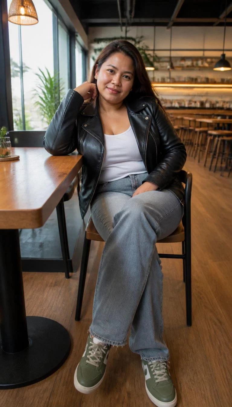 Black Leather Jacket And Green Sneakers A photorealistic full body shot of a 37-year-old Southeast Asian woman with a round face, deep brown, broad nose, softly curved eyebrows, and heart-shaped lips. Her face features uneven eyebrows, faint under-eye shadows, and subtle natural facial asymmetry. She has monolid green eyes, pronounced cheekbones, subtle smile, playful. She is curvy build with long brown hair and is wearing a black leather jacket, a white tank, grey jeans, and green sneakers, sitting at a table inside a cozy café, no people in the background, high-quality mobile photography, shot on an iPhone 14.