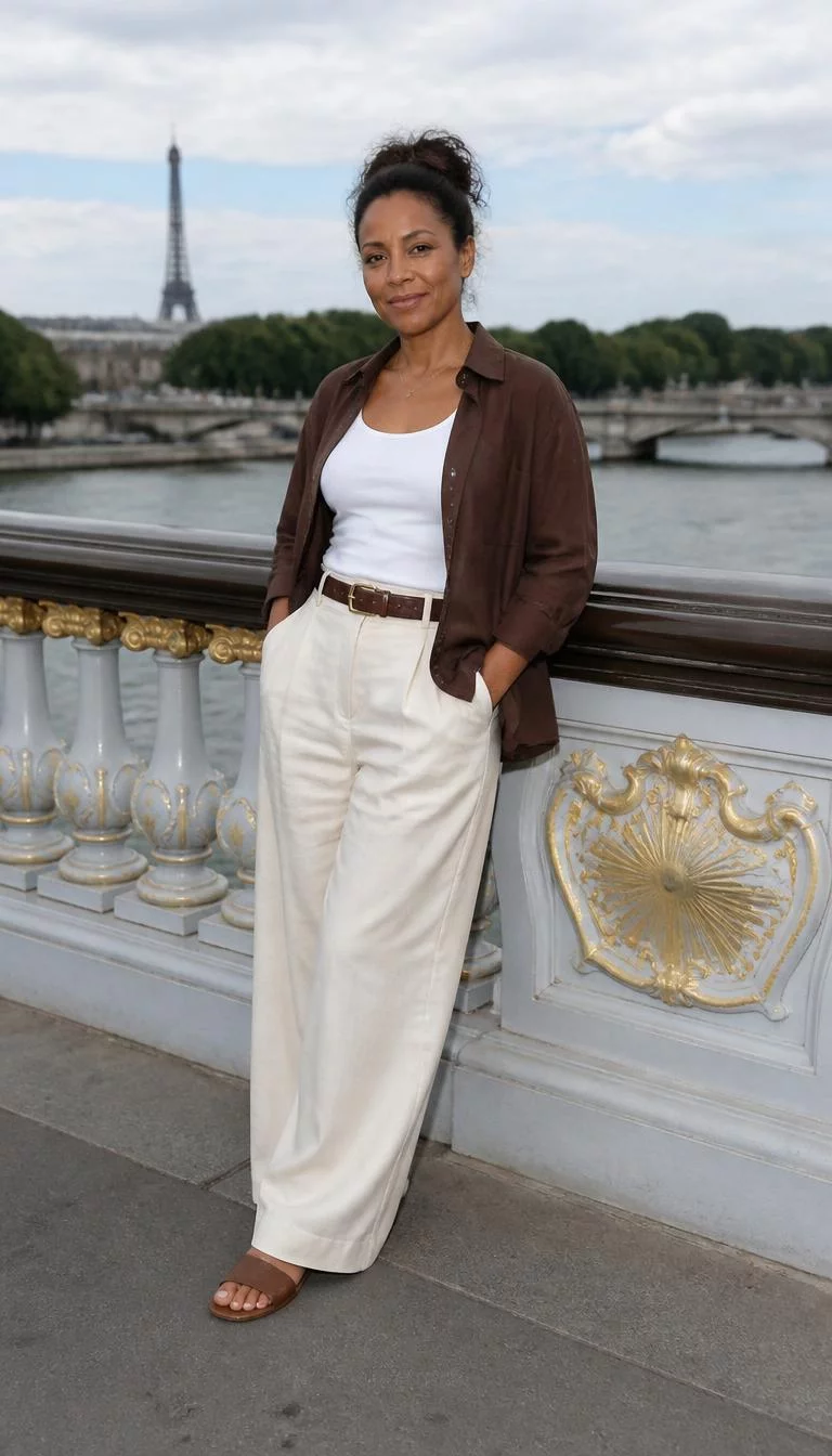 Brown Shirt And Cream Trousers A photorealistic full body shot of a 48-year-old Black African woman with a oblong face, fair, button nose, straight eyebrows, and full lips. Her face features slightly crooked smile, subtle acne marks, and subtle natural facial asymmetry. She has round blue eyes, soft cheekbones, subtle smile, relaxed. She is average build with dark hair in a messy updo and is wearing a brown shirt, white tank top, cream trousers, a brown belt, and brown slides, on a scenic Paris bridge, no people in the background, high-quality mobile photography, shot on an iPhone 14.