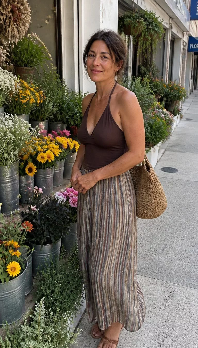 Striped Maxi Skirt And Woven Tote A photorealistic full body shot of a 48-year-old Southern European woman with a heart-shaped face, deep brown, button nose, feathered eyebrows, and thin lips. Her face features faint freckles across the nose, slightly flushed cheeks, and subtle natural facial asymmetry. She has monolid blue eyes, pronounced cheekbones, subtle smile, cheerful. She is average build with dark brown hair and is wearing a brown halter top, a striped maxi skirt, and a woven tote bag, standing outdoors next to a flower shop display, no people in the background, high-quality mobile photography, shot on an iPhone 14.