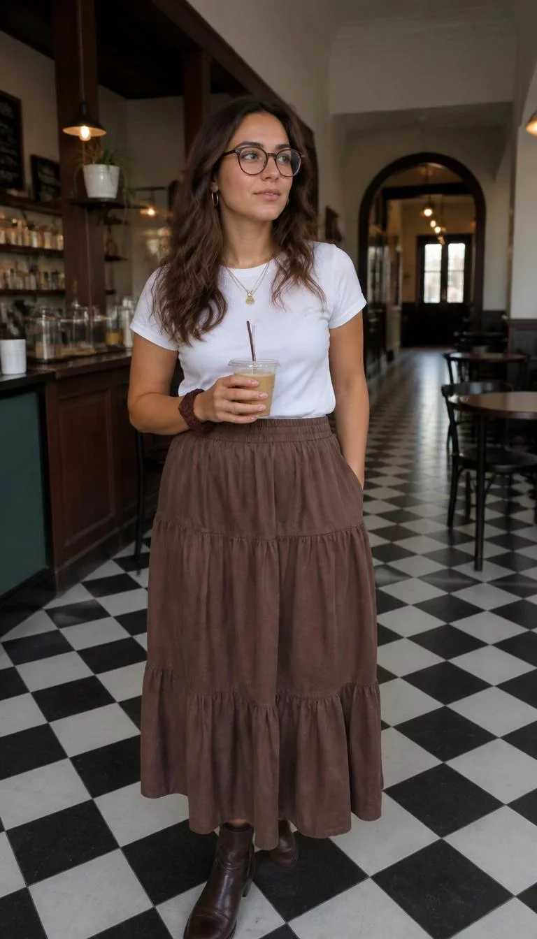 Tiered Brown Skirt And Boots A photorealistic full body shot of a 27-year-old Mediterranean woman with a pear-shaped face, golden brown, rounded nose, feathered eyebrows, and thin lips. Her face features dimples, a few laugh lines, and subtle natural facial asymmetry. She has upturned blue eyes, pronounced cheekbones, subtle smile, thoughtful. She is athletic build with light brown hair and glasses and is wearing a white t-shirt, a long brown tiered skirt, and brown boots, in a café with a black-and-white checkered floor, no people in the background, high-quality mobile photography, shot on an iPhone 14.