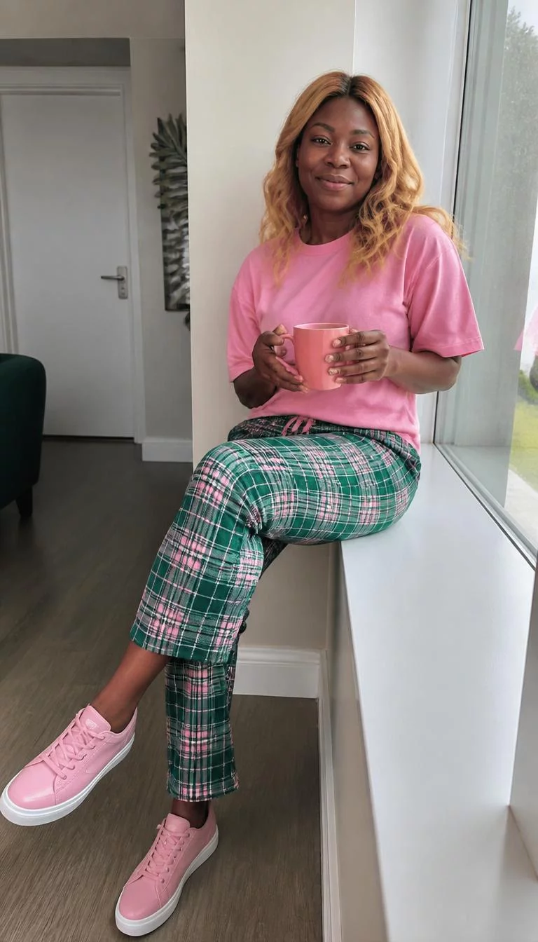 Loose Pink T-Shirt and Green Checkered Pants A photorealistic full body shot of a 42-year-old Black African woman with a pear-shaped face, deep brown, button nose, straight eyebrows, and wide lips. Her face features small scar on the eyebrow, faint under-eye shadows, and subtle natural facial asymmetry. She has monolid green eyes, rounded cheeks, closed-mouth smile, cheerful. She is slim with blonde wavy hair and is wearing a loose pink t-shirt and green checkered pants, she wears pink sneakers, sitting indoors by a window holding a mug, no people in the background, high-quality mobile photography, shot on an iPhone 14.