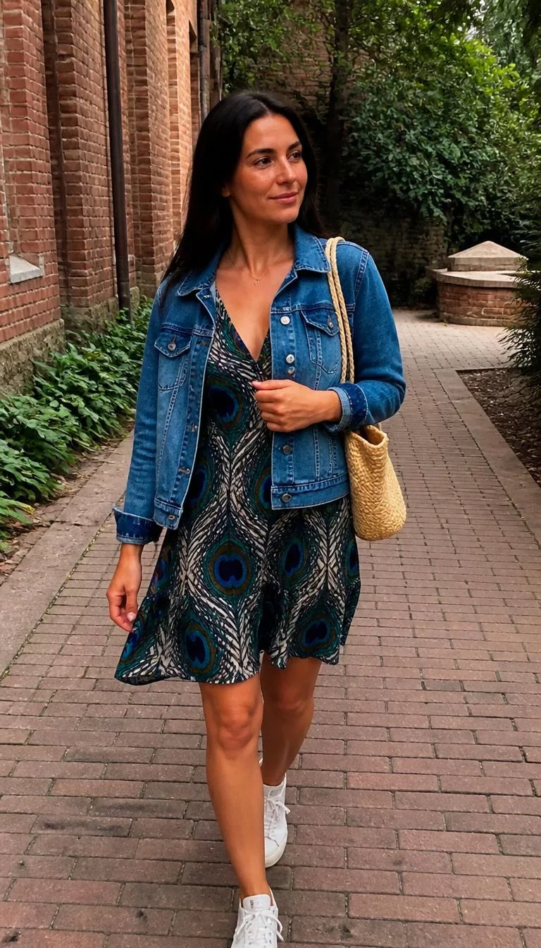 Denim Jackets over Dresses and Shorts A photorealistic full body shot of a 26-year-old Southern European woman with a oblong face, golden brown, straight nose, softly curved eyebrows, and thin lips. Her face features faint freckles across the nose, slightly flushed cheeks, and subtle natural facial asymmetry. She has deep-set gray eyes, rounded cheeks, closed-mouth smile, thoughtful. She is athletic build with dark hair and is wearing a jean jacket and a peacock print dress, walking arm-in-arm along an outdoor brick walkway, no people in the background, high-quality mobile photography, shot on an iPhone 14.