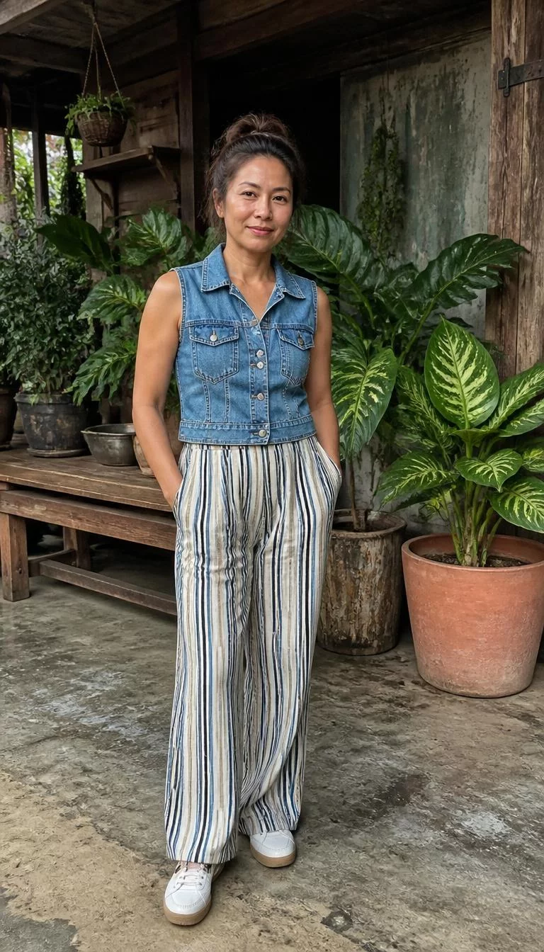 Denim Vest and Striped Wide-Leg Pants A photorealistic full body shot of a 47-year-old Southeast Asian woman with a heart-shaped face, golden brown, aquiline nose, softly curved eyebrows, and wide lips. Her face features small scar on the eyebrow, a few laugh lines, and subtle natural facial asymmetry. She has almond-shaped brown eyes, rounded cheeks, closed-mouth smile, confident. She is average build with messy brown hair in a high bun and is wearing a button-up denim vest and striped wide-leg pants, standing in a rustic plant-filled patio area, no people in the background, high-quality mobile photography, shot on an iPhone 14.