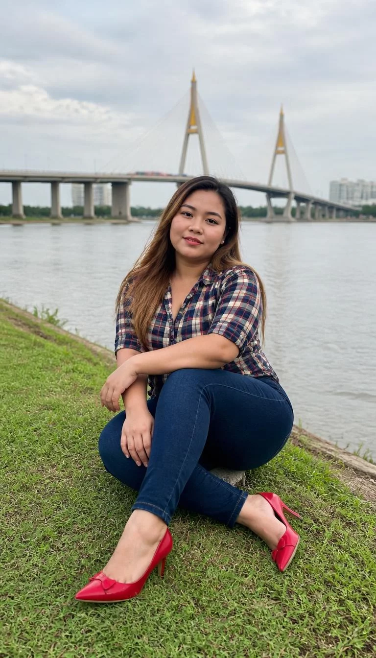 Plaid Button-Down and Dark Jeans with Red Heels A photorealistic full body shot of a 34-year-old Southeast Asian woman with a round face, dark brown, narrow nose, feathered eyebrows, and wide lips. Her face features faint freckles across the nose, visible pores, and subtle natural facial asymmetry. She has monolid brown eyes, pronounced cheekbones, subtle smile, thoughtful. She is curvy build with light brown long hair and is wearing a plaid button-down shirt, dark jeans, and red heels, sitting on a grassy bank by a river with a large bridge visible, no people in the background, high-quality mobile photography, shot on an iPhone 14.