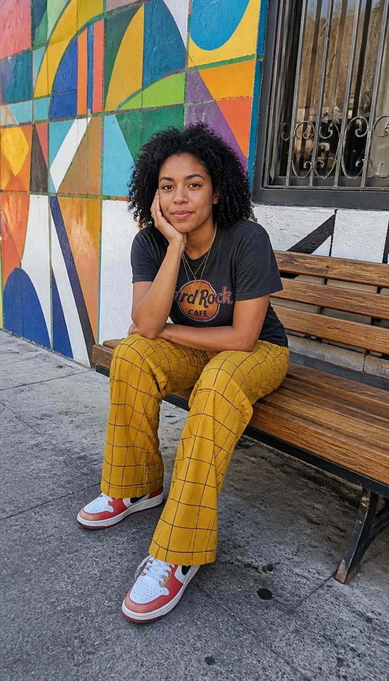Hard Rock Cafe Graphic Tee and Yellow Grid Trousers A photorealistic full body shot of a 29-year-old Afro-Caribbean woman with a square face, tan, narrow nose, thin arched eyebrows, and thin lips. Her face features uneven eyebrows, visible pores, and subtle natural facial asymmetry. She has deep-set dark brown eyes, rounded cheeks, broad smile, thoughtful. She is petite with dark curly hair and is wearing a Hard Rock Cafe graphic tee, yellow grid trousers, and red accented shoes, sitting on a wooden bench outdoors by a mural, no people in the background, high-quality mobile photography, shot on an iPhone 14.