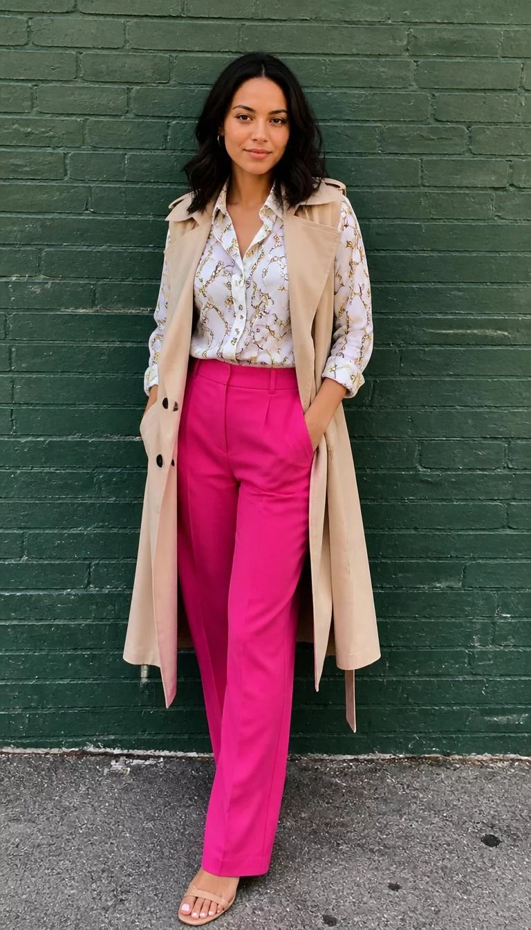 Tan Trench Coat Vest and Pink Dress Pants A photorealistic full body shot of a 25-year-old Mixed-race woman with a diamond face, tan, narrow nose, softly curved eyebrows, and thin lips. Her face features beauty mark near the lip, a few laugh lines, and subtle natural facial asymmetry. She has upturned brown eyes, soft cheekbones, neutral expression, cheerful. She is athletic build with dark shoulder-length hair and is wearing a patterned white shirt, a tan trench coat vest, and bright pink dress pants, standing against a green brick wall, no people in the background, high-quality mobile photography, shot on an iPhone 14.