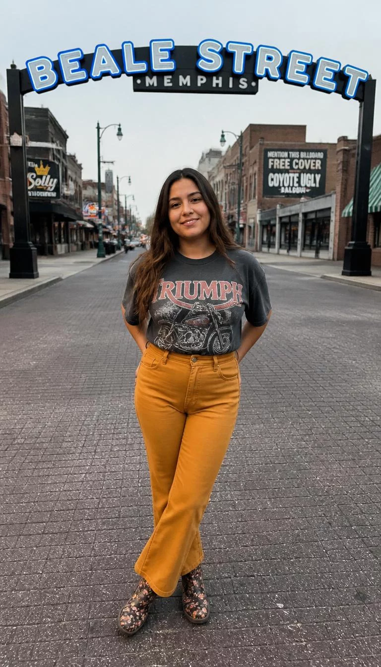 Mustard High-Waisted Pants and Floral Boots A photorealistic full body shot of a 28-year-old Latina woman with a round face, deep brown, rounded nose, softly curved eyebrows, and heart-shaped lips. Her face features uneven eyebrows, subtle acne marks, and subtle natural facial asymmetry. She has downturned gray eyes, rounded cheeks, broad smile, relaxed. She is petite with long brown hair and is wearing a dark grey graphic tee and mustard-colored high-waisted pants with floral boots, posing in front of Beale Street archway, no people in the background, high-quality mobile photography, shot on an iPhone 14.
