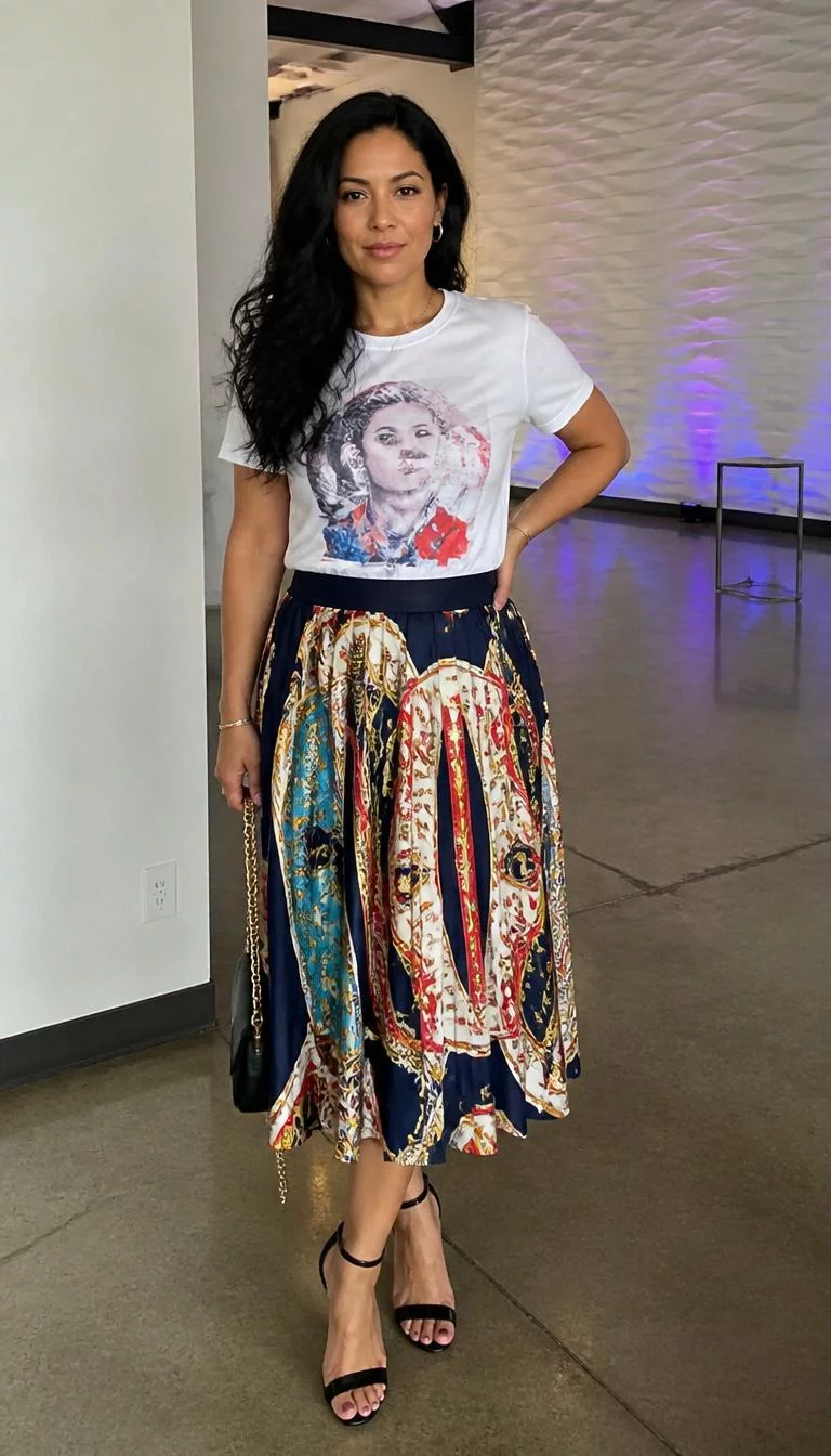 Graphic T-Shirts and Designer Style Heels A photorealistic full body shot of a 41-year-old Latina woman with a pear-shaped face, light, upturned nose, thin arched eyebrows, and wide lips. Her face features small scar on the eyebrow, light freckles, and subtle natural facial asymmetry. She has almond-shaped gray eyes, pronounced cheekbones, neutral expression, relaxed. She is petite with dark voluminous hair and is wearing a white graphic t-shirt and a fun patterned skirt with designer-style heels, standing in an indoor event space, no people in the background, high-quality mobile photography, shot on an iPhone 14.