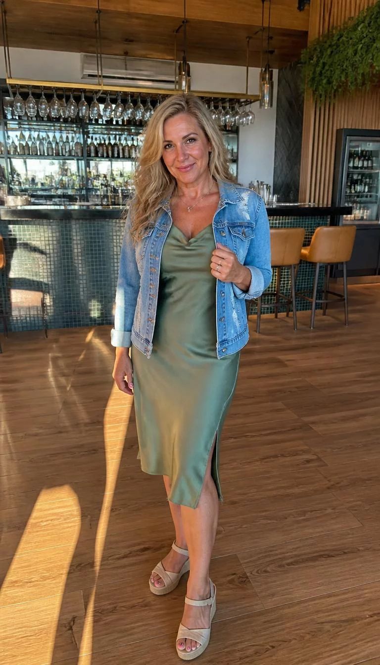 Sage Green Slip Dress and Distressed Denim Jacket A photorealistic full body shot of a 46-year-old Eastern European woman with a oval face, olive, button nose, straight eyebrows, and thin lips. Her face features dimples, visible pores, and subtle natural facial asymmetry. She has downturned brown eyes, high cheekbones, closed-mouth smile, playful. She is curvy build with blonde long wavy hair and is wearing a distressed denim jacket over a sage green slip dress, paired with wedge sandals, standing in a bright modern indoor venue, no people in the background, high-quality mobile photography, shot on an iPhone 14.