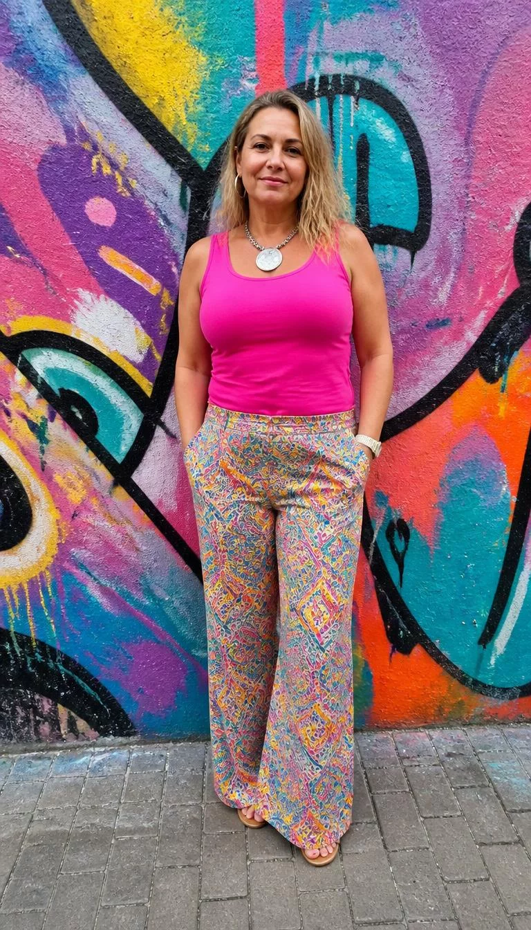 Pink Sleeveless Top and Colorful Patterned Wide-Leg Pants A photorealistic full body shot of a 42-year-old Eastern European woman with a pear-shaped face, tan, button nose, straight eyebrows, and wide lips. Her face features small scar on the eyebrow, faint under-eye shadows, and subtle natural facial asymmetry. She has round dark brown eyes, high cheekbones, subtle smile, cheerful. She is average build with blonde loose hair and is wearing a bright pink sleeveless top, colorful patterned wide-leg pants, and a statement necklace, standing before a vibrant multi-colored graffiti wall, no people in the background, high-quality mobile photography, shot on an iPhone 14.