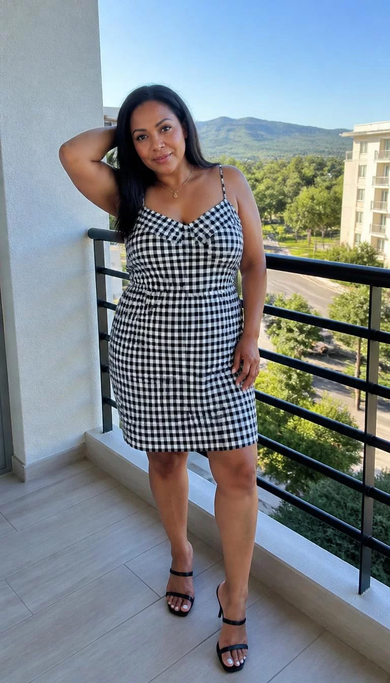Gingham Dress and City Views A photorealistic full body shot of a 43-year-old Afro-Caribbean woman with a round face, tan, straight nose, feathered eyebrows, and full lips. Her face features widow's peak hairline, faint under-eye shadows, and subtle natural facial asymmetry. She has upturned dark brown eyes, rounded cheeks, neutral expression, playful. She is athletic build with long dark hair hair and is wearing a black and white gingham dress, standing on a balcony, no people in the background, high-quality mobile photography, shot on an iPhone 14.