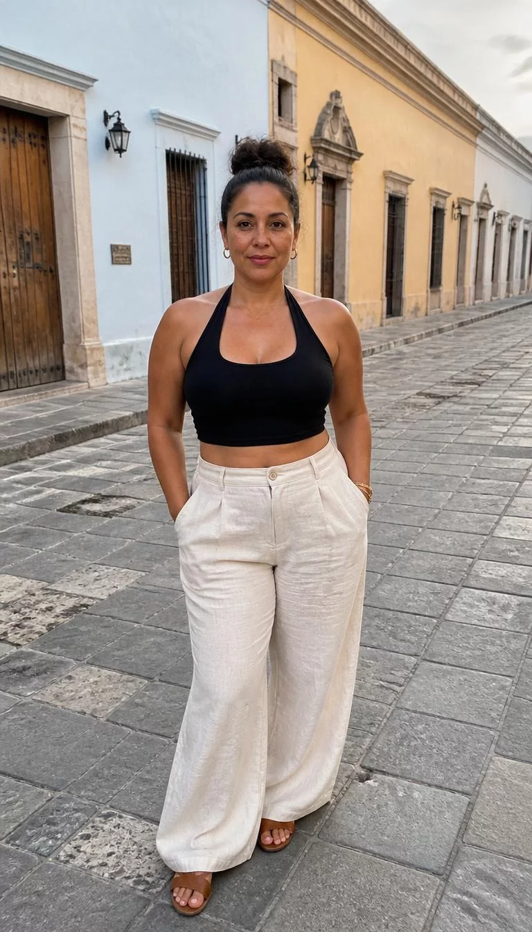 Black Halter Neck Crop Top and Brown Sandals A photorealistic full body shot of a 47-year-old Latina woman with a square face, golden brown, straight nose, straight eyebrows, and wide lips. Her face features slightly crooked smile, light freckles, and subtle natural facial asymmetry. She has almond-shaped hazel eyes, pronounced cheekbones, neutral expression, confident. She is curvy build with dark hair in a bun hair and is wearing a black halter neck crop top, cream-colored wide-leg linen pants, and brown sandals, historic street, no people in the background, high-quality mobile photography, shot on an iPhone 14.