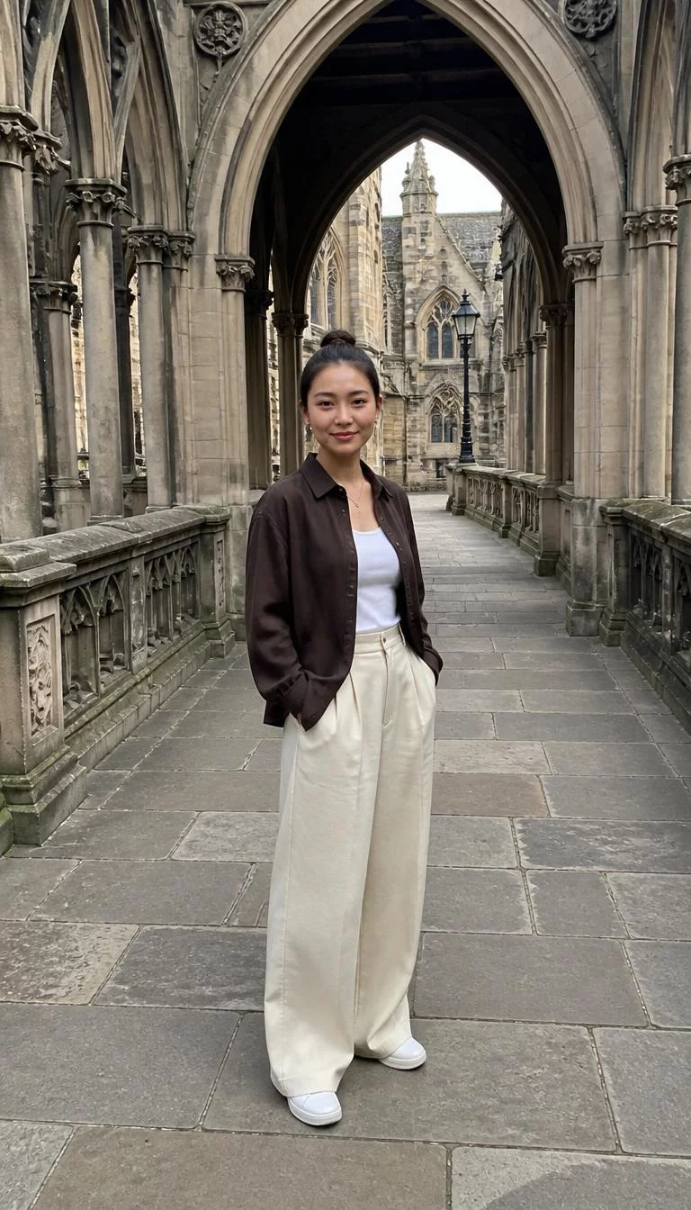 Chocolate Brown Shirt and Cream Trousers A photorealistic full body shot of a 24-year-old East Asian woman with a heart-shaped face, light, broad nose, thick natural eyebrows, and thin lips. Her face features beauty mark near the lip, a few laugh lines, and subtle natural facial asymmetry. She has monolid blue eyes, rounded cheeks, closed-mouth smile, relaxed. She is petite with dark brown hair in a bun hair and is wearing a chocolate brown shirt over a white tank, paired with wide-leg cream trousers, standing on a historic bridge, no people in the background, high-quality mobile photography, shot on an iPhone 14.