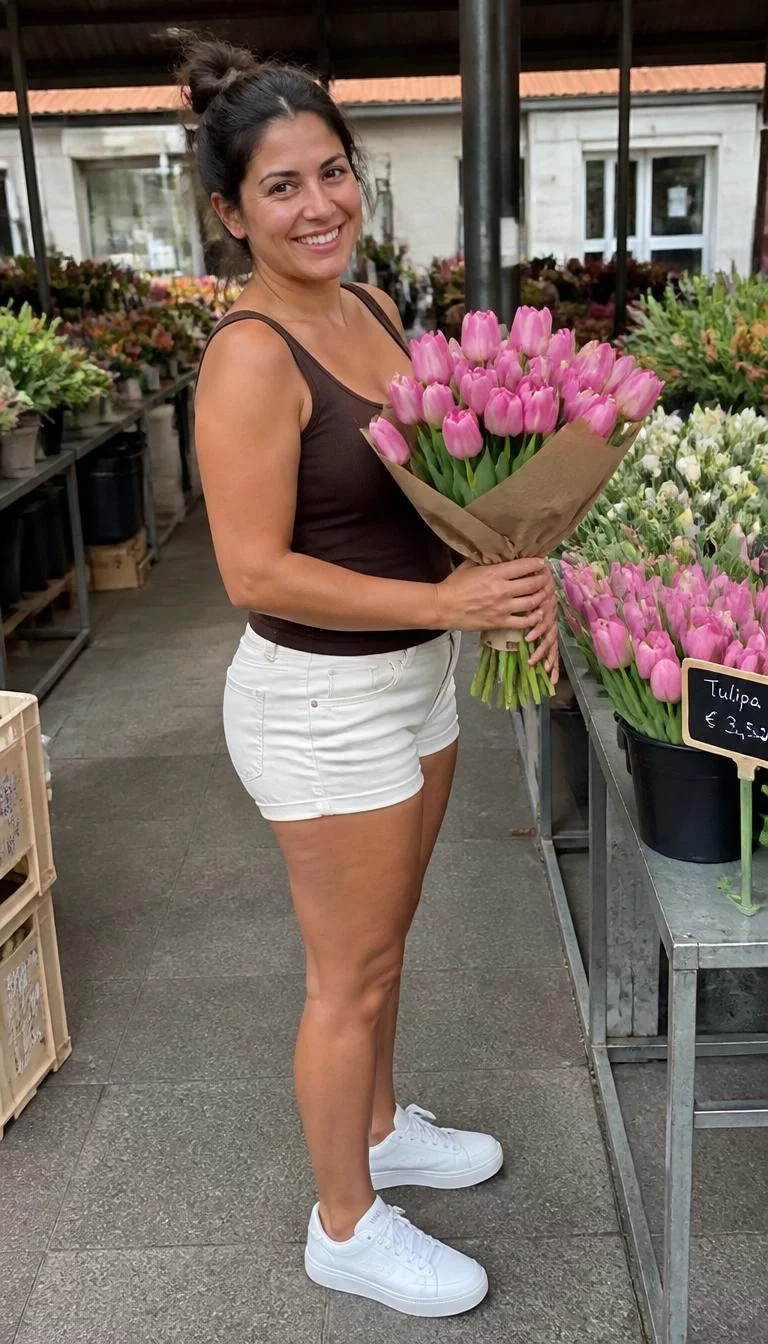 Brown Tank Top and White Shorts A photorealistic full body shot of a 37-year-old Southern European woman with a pear-shaped face, tan, rounded nose, softly curved eyebrows, and heart-shaped lips. Her face features widow's peak hairline, slightly flushed cheeks, and subtle natural facial asymmetry. She has hooded gray eyes, soft cheekbones, broad smile, cheerful. She is average build with dark brown hair in a messy bun hair and is wearing a chocolate brown tank top, white shorts, and white sneakers, holding pink tulips at an outdoor market, no people in the background, high-quality mobile photography, shot on an iPhone 14.