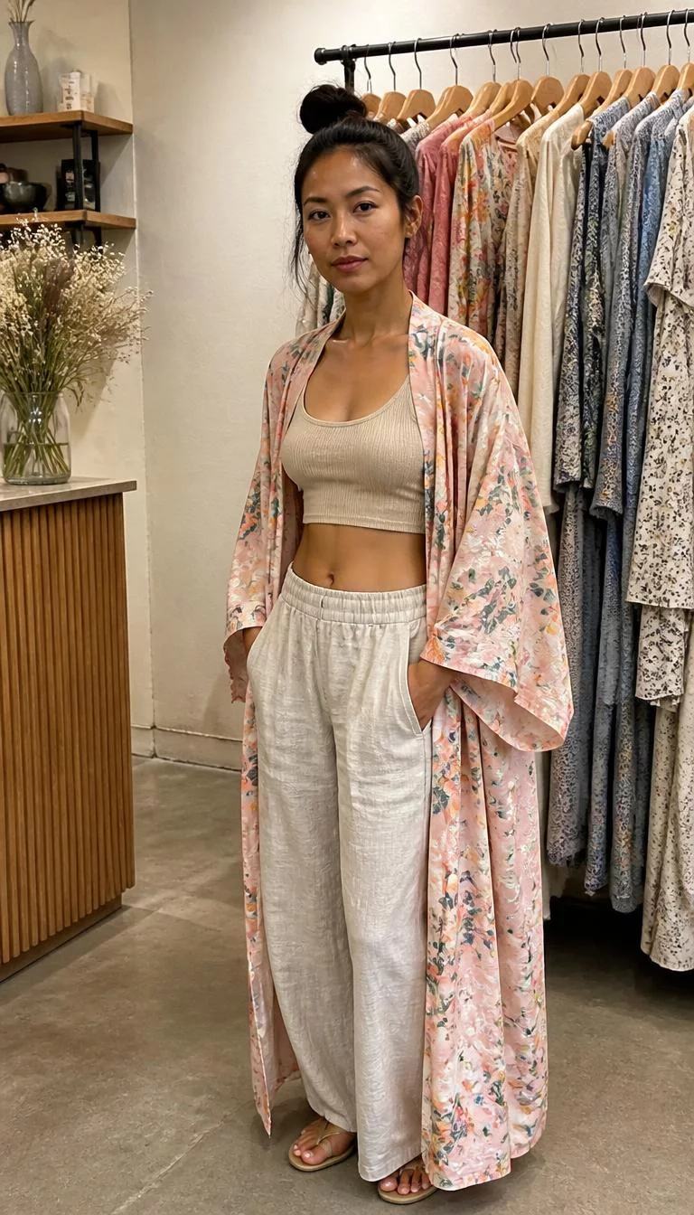 Floral Pink Kimono and Linen Trousers A photorealistic full body shot of a 31-year-old Southeast Asian woman with a pear-shaped face, deep brown, rounded nose, thin arched eyebrows, and heart-shaped lips. Her face features beauty mark near the lip, light freckles, and subtle natural facial asymmetry. She has deep-set blue eyes, high cheekbones, neutral expression, thoughtful. She is average build with dark hair in a messy bun hair and is wearing a floral pink kimono, a beige crop top, and linen trousers, posing in front of a clothing rack in a shop, no people in the background, high-quality mobile photography, shot on an iPhone 14.