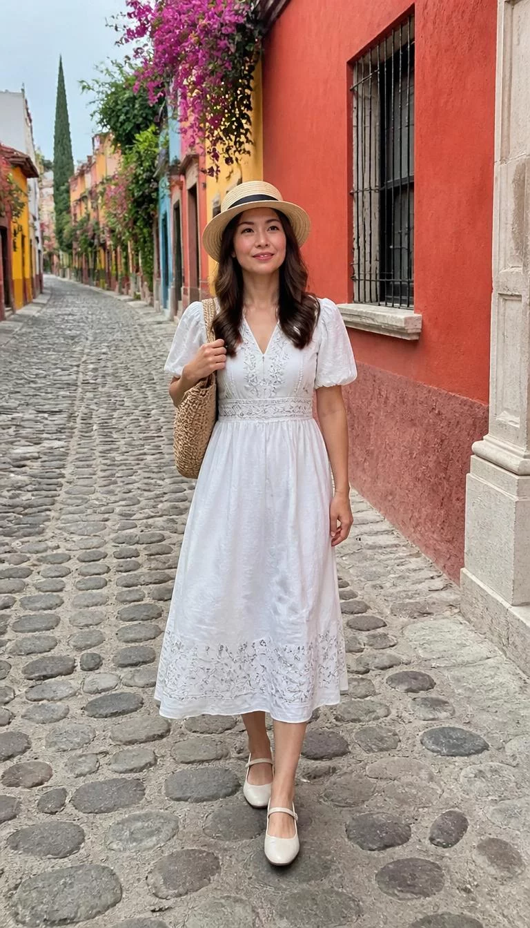 White Embroidered Midi Dress and Boater Hat A photorealistic full body shot of a 44-year-old East Asian woman with a round face, deep brown, straight nose, straight eyebrows, and thin lips. Her face features slightly crooked smile, faint under-eye shadows, and subtle natural facial asymmetry. She has upturned brown eyes, high cheekbones, subtle smile, thoughtful. She is petite with long wavy brown hair hair and is wearing a white midi dress with embroidered details and a straw boater hat, cobble-stoned street in a colorful village, no people in the background, high-quality mobile photography, shot on an iPhone 14.